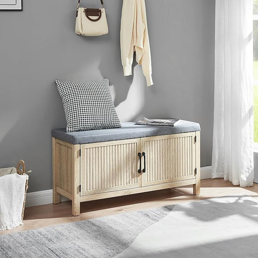 Shoe Storage Cabinet with Bench, Shoe Organizer with 2 Doors Shoe Rack Benches with Cushion for Front Door Entrance Entryway Living Room(Oak)