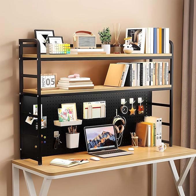 FPIGSHS Desk Hutch Shelf Dorm 2 Tier Countertop Desktop Bookshelf with Pegboard,Metal/MDF Desk Top Bookcase for Computer Desk, Desk Storage Organizer Rack for Office Home Dormitory (Black, 43.3in)