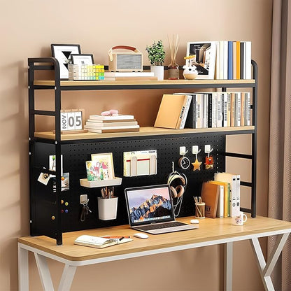 FPIGSHS Desk Hutch Shelf Dorm 2 Tier Countertop Desktop Bookshelf with Pegboard,Metal/MDF Desk Top Bookcase for Computer Desk, Desk Storage Organizer Rack for Office Home Dormitory (Black, 43.3in)