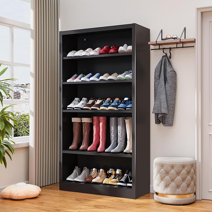 5-Space Heavy Duty Steel Shoe Rack, 4-Tier Adjustable Shoe Shelf with Back Panel, 66" Tall Open Shoe Organizer for Entryway, Closet, Apartment - Sturdy Metal Shoe Storage (Black, 5 Tier-66"H*33W)
