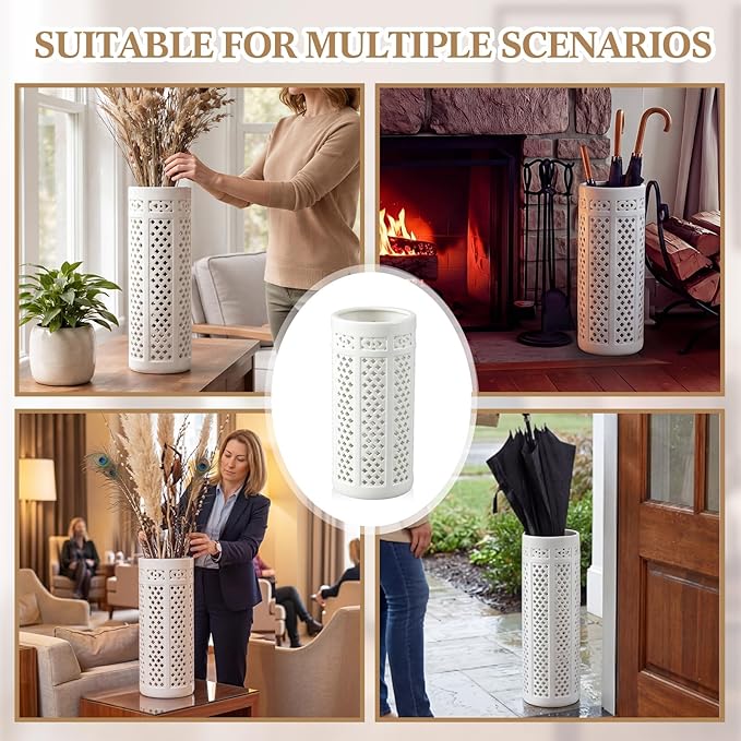 Sawysine White Ceramic Umbrella Stand with Hollow-out Design Heavy Porcelain Umbrella Holder for Entryway 17" Heavy Porcelain Holder for Umbrellas Canes Home Decor Walking Sticks