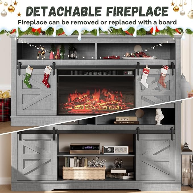 YESHOMY Fireplace TV Stand for Television up to 65+ Inch with Storage and Farmhouse Sliding Barn Doors, Entertainment Center with Cabinet and Shelves, Media Console for Living Room,Gray