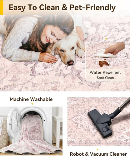RELEANY Area Rugs Square 7ft Washable Non-Slip, Floral Vintage Distress Medallion Carpet for Living Room Bedroom Dining Room, Pink Greypink Cute
