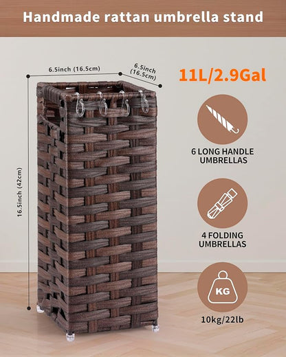 Rattan Umbrella Stand, Umbrella Holder for Entryway, Hand Woven Umbrella Rack Organizer Freestanding, with a Detachable Drip Tray, 4 Hooks, 6.5" L x 6.5" W x 16.5" H, Brown