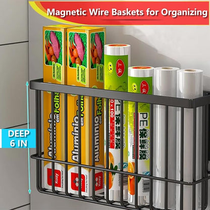Magnetic Basket Kitchen Refrigerator Organizer Foil and Plastic Wrap Organizer for Fridge Heavy Duty Metal Storage (10.25" L x 3.2" W x 6" H, White)