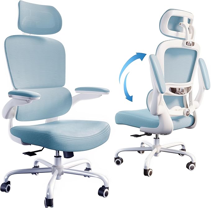 TRALT Ergonomic Office Chair - Desk Chair with Adjustable Headrest Lumbar Support Computer Chair - Mesh Comfy Chair with Flip-up Armrests - Gaming Chairs for Adults Home Office (PU Leather, Blue)