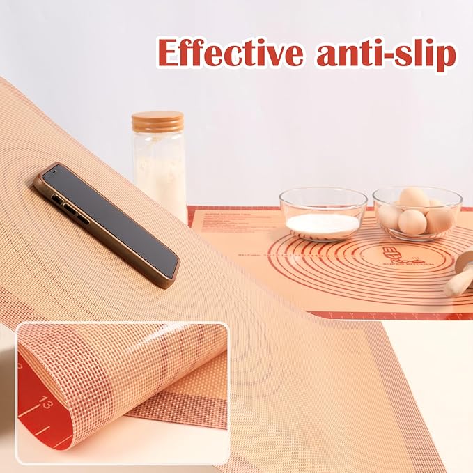 Non-slip Silicone Pastry Mat Extra Large with Measurements 16''By 26'' for Silicone Baking Mat, Counter Mat, Dough Rolling,Oven Liner,Fondant/Pie Crust By Folksy Super Kitchen Red