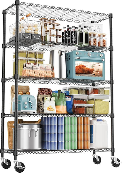 M MZG 1750LBS 47.2" W 5 Tiers Storage Shelves Metal Shelving Unit with Wheels Heavy Duty Garage Shelving Adjustable Wire Shelves for Pantry,Kitchen,Garage,Basement,Black 17.7" D x 47.2" W x 76.8" H