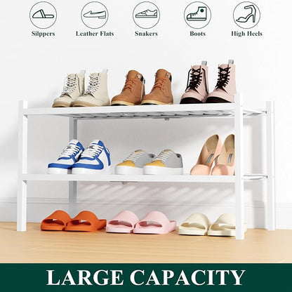 Smiry Bamboo Shoe Rack, 2 Tier Free Standing Wooden Shoe Organizer, Stackable Wood Shoe Storage Shelf for Closet, Entryway, 14 Vertical Slats, One-piece Heavy-Duty Legs, 26.8"x11"x13", White
