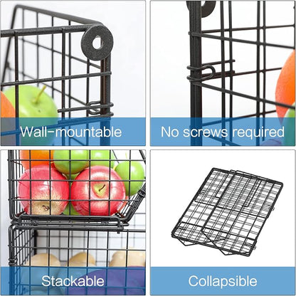 3-Tier Stackable Wire Baskets for Counter, Fruit and Vegetable Storage, Potato and Onion Storage Bin，Kitchen Pantry Organizer - Wall Basket for Produce/Snack/Can, Black