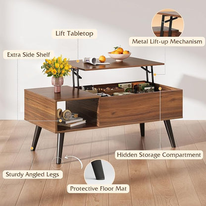WLIVE Coffee Table for Living Room, Lift Top Coffee Table with Storage, Small Rising Wooden Dining Center Table with Storage Shelf & Hidden Compartment, 39" Brown