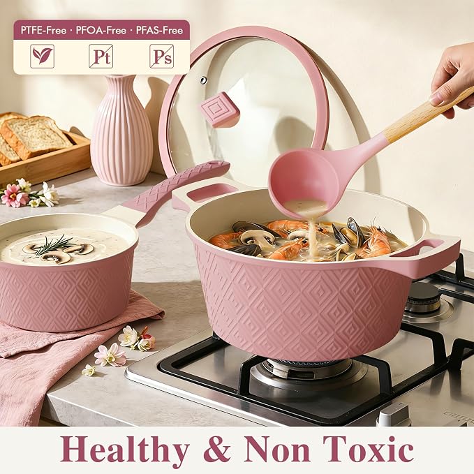 Pots and Pans Set Non Stick, 26PCS Nonstick Cookware Set, Induction Cook Ware, Includes Steamer & Silicone Utensils, Housewarming Gift, Pink Kitchen Cooking Sets w/Frying pan (PFOS, PFOA Free)