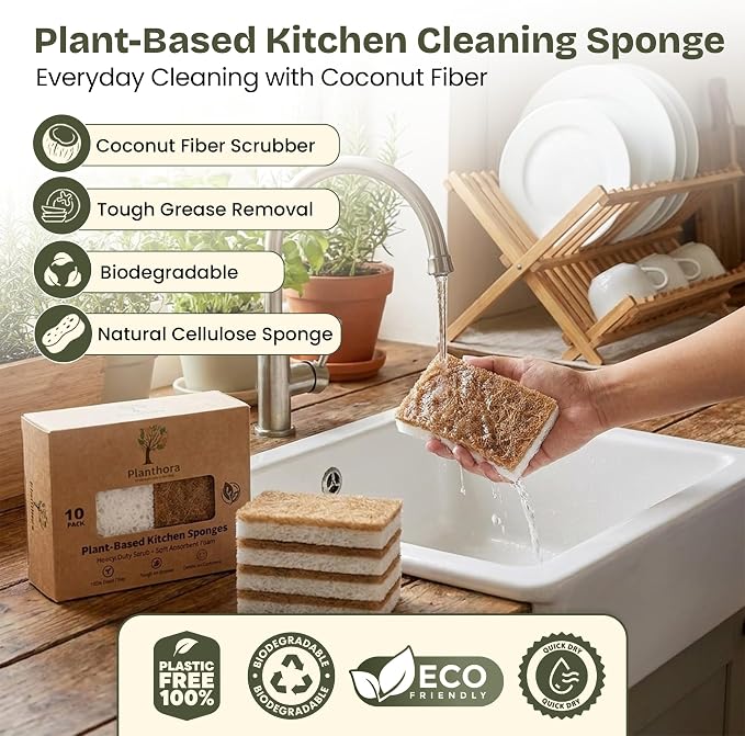 Kitchen Sponges 10 Pack - Natural Cellulose Sponge with Coconut Scrubber - Plant Based Sponges - Biodegradable Kitchen Sponge - Non-Scratch Sponges for Dishes - Eco Friendly Kitchen Sponges