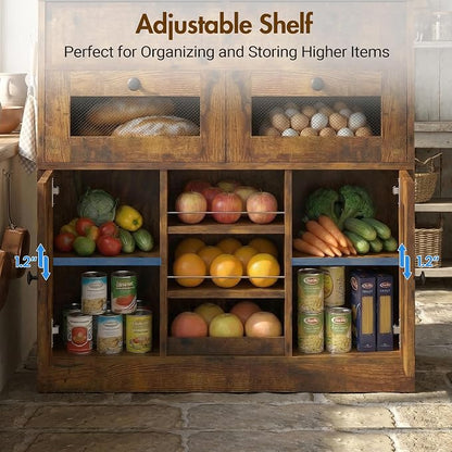 Wooden Potato and Onion Storage Bin with Lid, Potato Bin with 2 Mesh Drawers, 5-Tier Fruit & Vegetable Cabinet with Mesh Doors, Rustic Kitchen Organizer with Adjustable Shelves for Pantry (31.9")