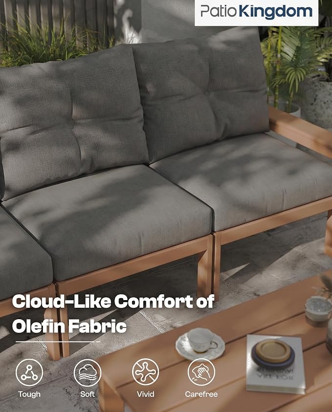 Teak HDPE Patio Sofa Set, 3-Piece Sectional Outdoor Patio Furniture Set, All Weather Outdoor Couch Set with Washable Thick Cushions for Lawn, Garden, Deck, Balcony, Porch, Poolside, Yard