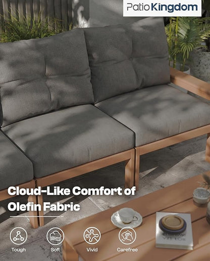3 Piece HDPE Outdoor Patio Furniture Set, All-Weather 2 Armchairs with Side Table, Patio Conversation Set with Grey Washable Thick Cushion for Balcony/Porch/Backyard (Teak Frame)