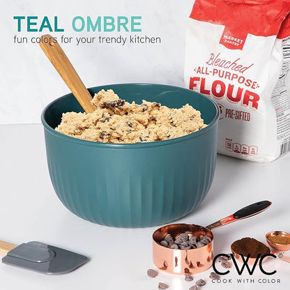 COOK WITH COLOR 4pc Plastic Mixing Bowl Set with Lids (Teal Ombre, 210 ml, 550 ml, 1150 ml, 3500 ml) - Sturdy, Nesting, BPA Free, Dishwasher Safe, Food Safe, Bowls for Cooking and Baking