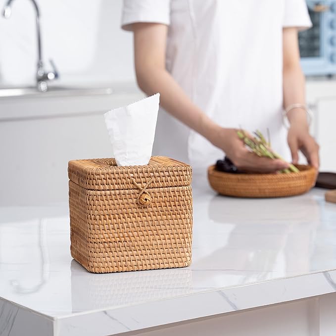 Rattan Square Tissue Box Cover- 5.7" x 5.7" x 5"-Decorative Woven Facial Tissue Holder with Hinged Top Lid- Facial Box for Home, Office,Bathrooms, Decoration (Yellow)