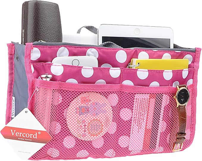 Vercord Purse Organizer Insert for Handbags Bag Organizers Inside Tote Pocketbook Women Nurse Nylon 13 Pockets Rose Dot Small