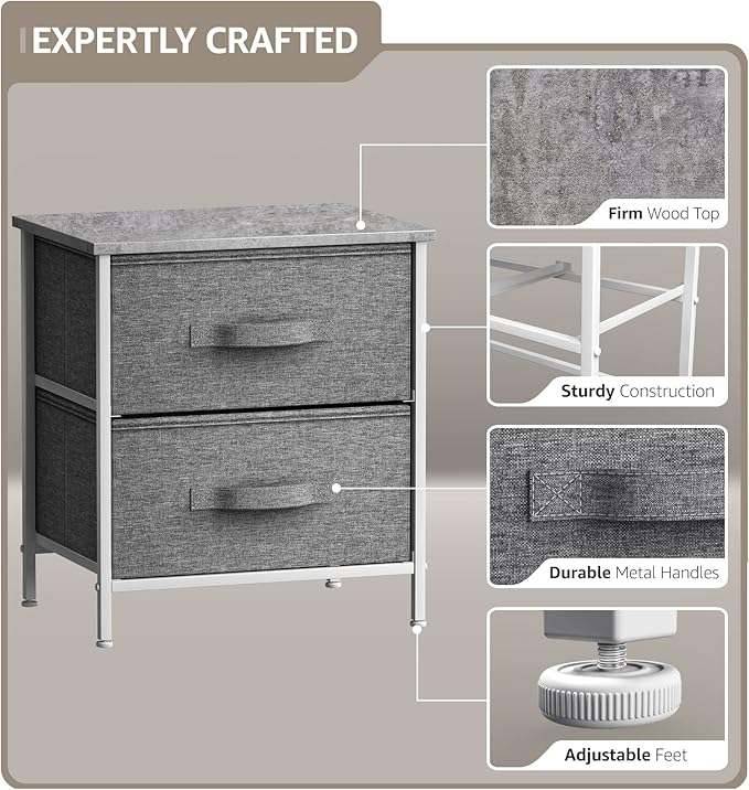Sorbus Nightstand with 2 Drawers - Bedside Furniture End Table Night Stand with Steel Frame, Wood Top & Easy Pull Fabric Bins - Small Dresser & Chest for Home, Bedroom Accessories & Office