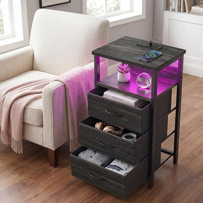 Fixwal Night Stand with Charging Station, LED Nightstand with Fabric Drawers, End Table with PU Finish, Bed Side Table, Black Oak