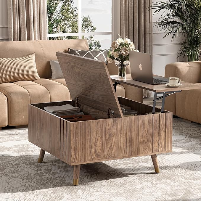 SULIVES Lift Top Coffee Table with Storage,Square Coffee Table with Lifting Top,Modern Center Table with Solid Wood Legs,Small Coffee Tables for Living Room,Walnut