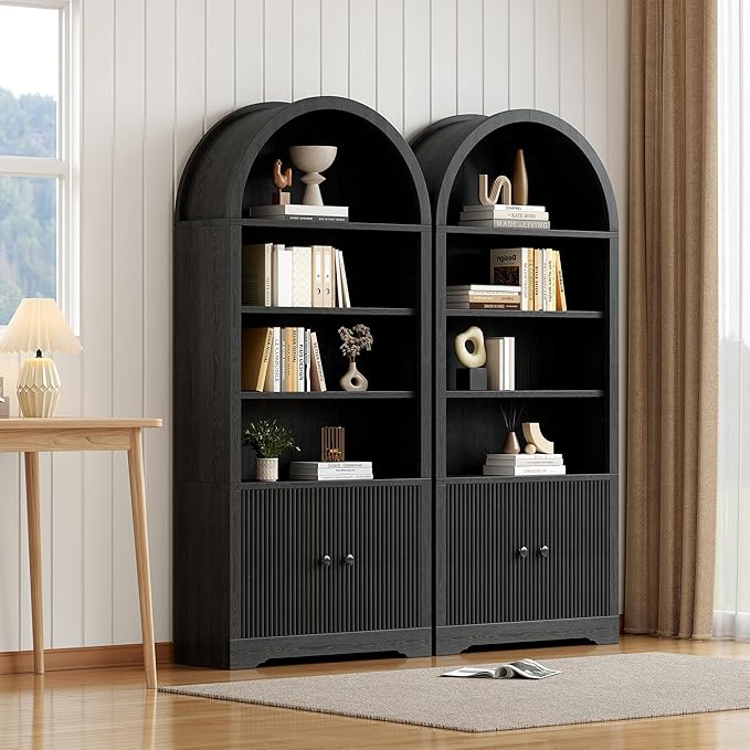 70" Arched Bookcase with Storage, 6 Tier Bookshelf with Door, Freestanding Display Storage Cabinet Farmhouse Storage Shelves for Living Room,Bedroom Home Office,Black Oak