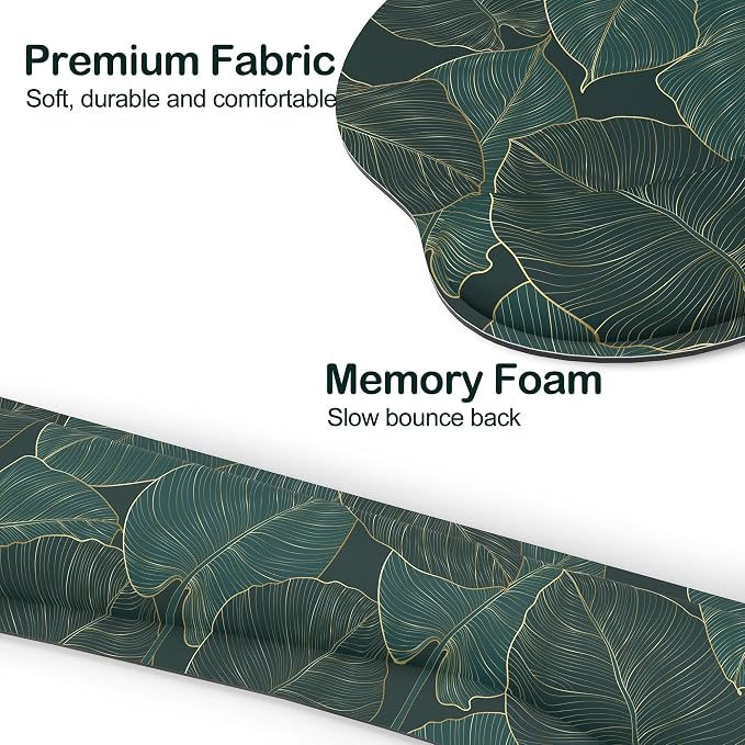 Ergonomic Mouse Pad with Wrist Rest and Keyboard Wrist Rest, Mousepad and Wrist Rest for Computer Keyboard, Pain Relief, Non-Slip Base, Mouse Pad Wrist Support for Gaming, Office, Green Palm Leaf