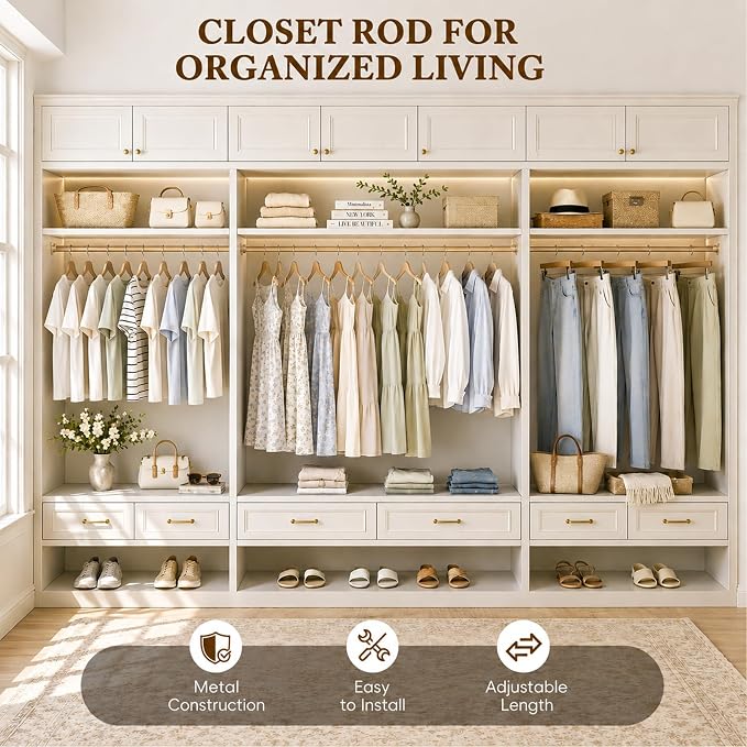 Heavy Duty Closet Rod, 17-69 IN Closet Rods for Hanging Clothes, Gold | Stepless Adjustable, Supports up to 66 lbs, Multiple Size Options, Easy Installation, Multi Purpose , Wall-Mounted