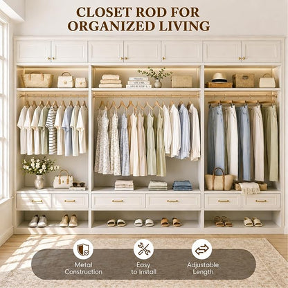 Heavy Duty Closet Rod, 17-69 IN Closet Rods for Hanging Clothes, Gold | Stepless Adjustable, Supports up to 66 lbs, Multiple Size Options, Easy Installation, Multi Purpose , Wall-Mounted