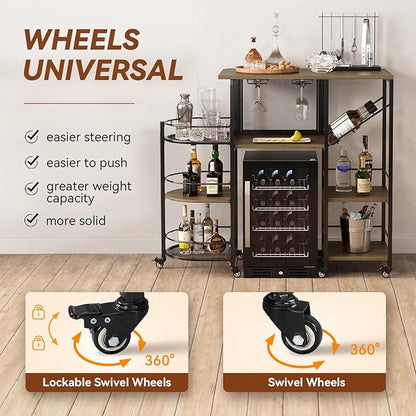 Bar Cart, Home Bar Service Cart with Wine Rack and Glass Holder, Kitchen Cart with Rolling Wheels, Metal Bar Rack with 7 Tiers Storage for Home, Kitchen, Living Room, Dining Room (Brown)