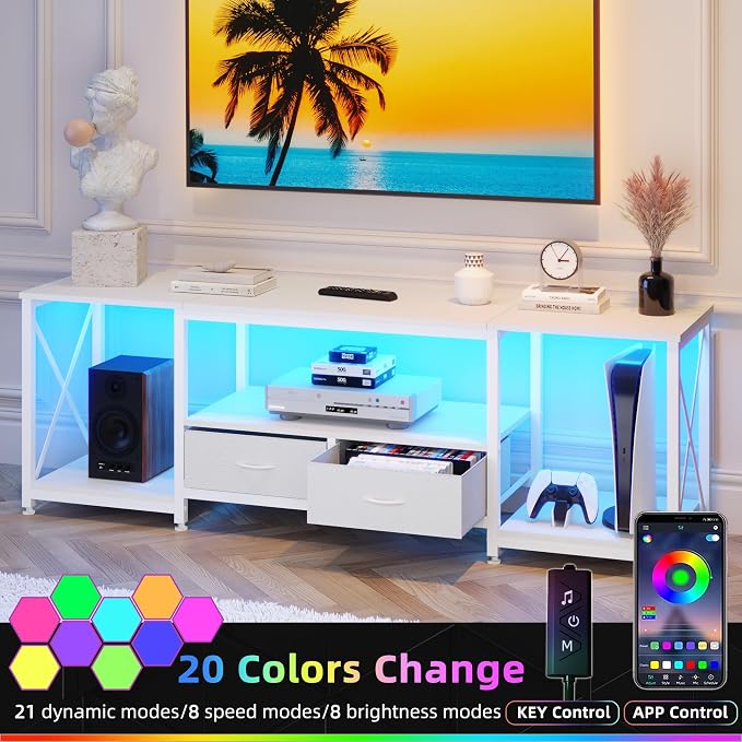 GYIIYUO TV Stand with Fabric Drawer for 65 70 75 Inches TV - Entertainment Center and Industrial TV Console Table with Open Storage Shelves for Living Room, Bedroom - 63" White