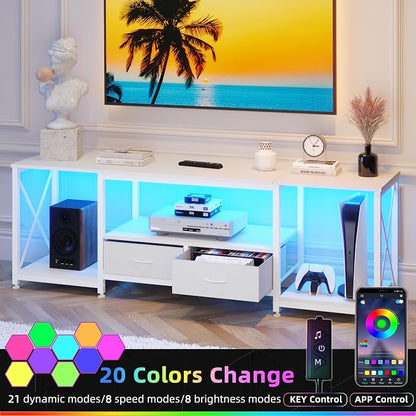 GYIIYUO TV Stand with Fabric Drawer for 65 70 75 Inches TV - Entertainment Center and Industrial TV Console Table with Open Storage Shelves for Living Room, Bedroom - 63" White