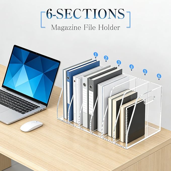 6-Tier Clear Acrylic File Holder, Vertical Document Organizer for Magazines, Binders, Notebooks & Envelopes - Multi-Purpose Desk Storage for Home Office（B5,6 Sections）