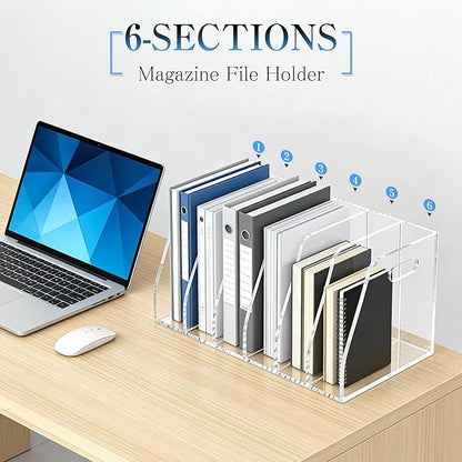6-Tier Clear Acrylic File Holder, Vertical Document Organizer for Magazines, Binders, Notebooks & Envelopes - Multi-Purpose Desk Storage for Home Office（B5,6 Sections）