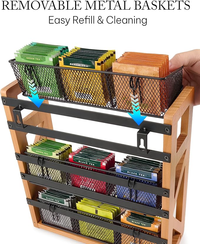 HULISEN 3 Tier Tea Bag Organizer for 120 Tea Bags, Tea Bag Holder with Removable Basket, Wood Stand & Metal Teabag Storage Rack for Coffee Bar Counter Kitchen Cabinet Pantry, Countertop or Wall Mount