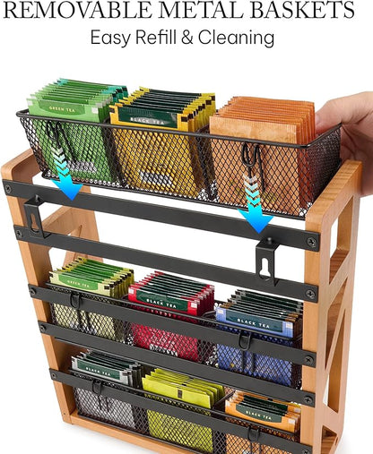 HULISEN 3 Tier Tea Bag Organizer for 120 Tea Bags, Tea Bag Holder with Removable Basket, Wood Stand & Metal Teabag Storage Rack for Coffee Bar Counter Kitchen Cabinet Pantry, Countertop or Wall Mount