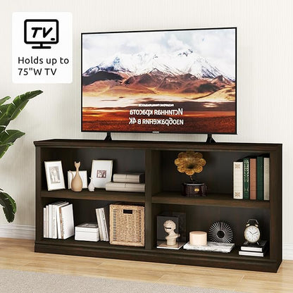 blini Low Horizontal Bookshelf Double Wide 64" 2-Tier Bookcase 4 Cube Storage Organizer Cherry Wood Bookcases for Bedroom and Home Office Decor Display