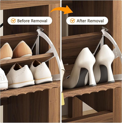 Shoe Cabinet Storage for Entryway, Fluted Shoe Cabinet with 2 Flip Drawers, Hidden Shoe Rack Tall Freestanding Shoe Organizer with Legs for Hallway, Walnut