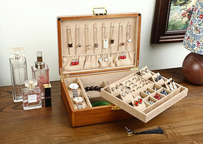 Solid Walnut Wood Jewelry Box with Lock, 2-Layer Vintage Jewelry Organizer for Men Women, Velvet-Lined Storage Chest with Key Lock (Khaki)