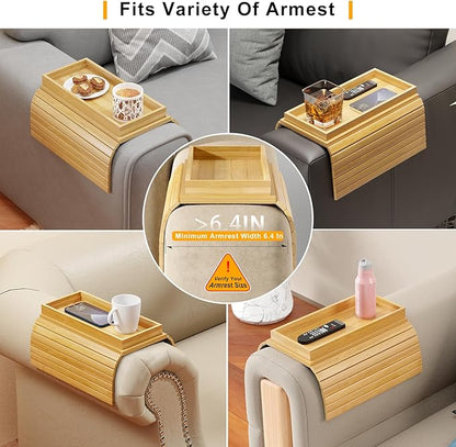 Bestjing Bamboo Sofa Armrest Tray Table for Couch - 2-in-1 Couch Arm Table with Be Slide Detachable Tray- Anti-Slip Foldable Sofa Armchair Caddy for Drinks Cellphone TV Remote Snacks (Bamboo)