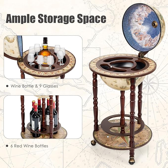 LDAILY 17.5’’ Wood Globe Bar, 16th Century Italian Replica Vintage Bar Cart with Wheels, Alcohol Cabinet with Liquor Storage, Bottom Shelf & Old World Map, Round Bar Cart for Home (Creamy White)