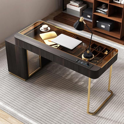 Lartis Office Desk, Very Easy to Assemble, Computer Desk, Home Telescopic Writing Desk, Modern Computer Desk with Retractable Cabinet Built-in LED Lights (Black Brown, 50 in)