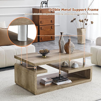 43.5" Coffee Table, 3-Tier Modern Center Table with Storage, Large Wood Coffee Table for Living Room, Office, Apartment (Retro Wood Grain)