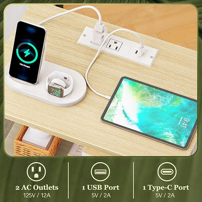 SUPERJARE Nightstand with Charging Station, Bed Side Table with Adjustable Fabric Drawer, Night Stand for Bedroom, 3-Tier Storage End Table, for Living Room, White Maple