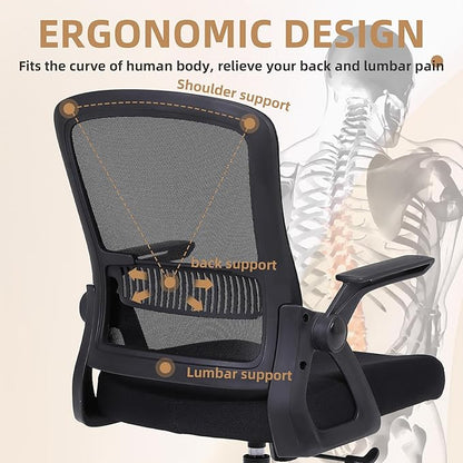 Office Chair, Ergonomic Desk Chair with Lumbar Support, Breathable Mesh Chair with Flip-up Armrests and Mid Back, Comfy Task Computer Height Adjustable Swivel Chair (2, Black)