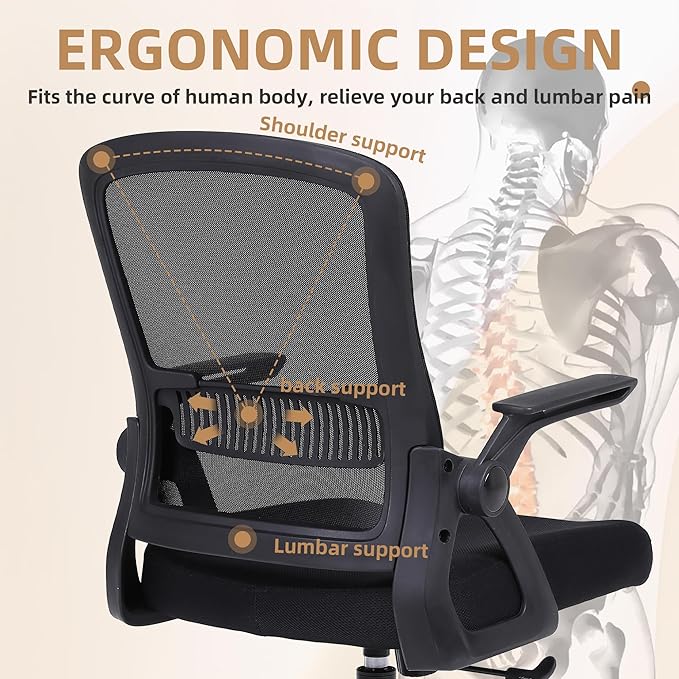 Office Chair, Ergonomic Desk Chair with Lumbar Support, Breathable Mesh Chair with Flip-up Armrests and Mid Back, Comfy Task Computer Height Adjustable Swivel Chair (8, Black)