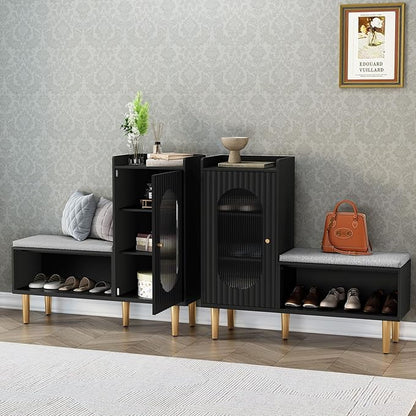 HLR Storage Bench Set of 2, Black Modern Entryway Shoe Cabinet Bench with Glass Door&Shelf, L-Shaped Storage Cabinet with Padded Seat for Hallway, Bedroom, Living Room, Office