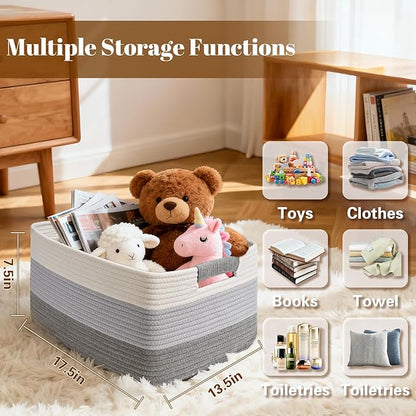 3 Pack Large Storage Basket for Organizing, 17.5"x13.5"x7.5" Woven Basket for Shelves, Closet Cube Storage Bins with Wrapped Handle, Cotton Rope Baskets for Kitchen, Clothes, Toys(Gradient Grey)