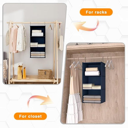 Hanging Closet Organizer 3-Shelf, Oxford Fabric Wardrobe Storage, Navy Blue | Easy-mount foldable design holds clothes, handbags, shoes & accessories; washable Oxford fabric, sturdy and space-saving.